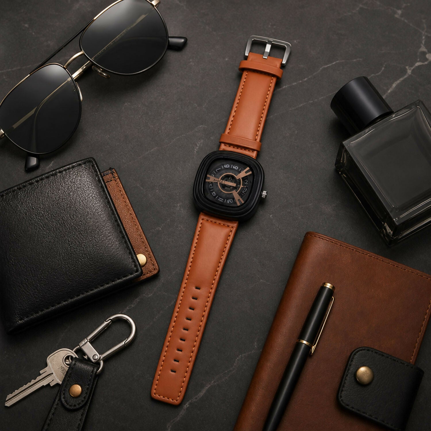 Luxury Square Dial Watch – Elegant Brown Leather Strap for Men