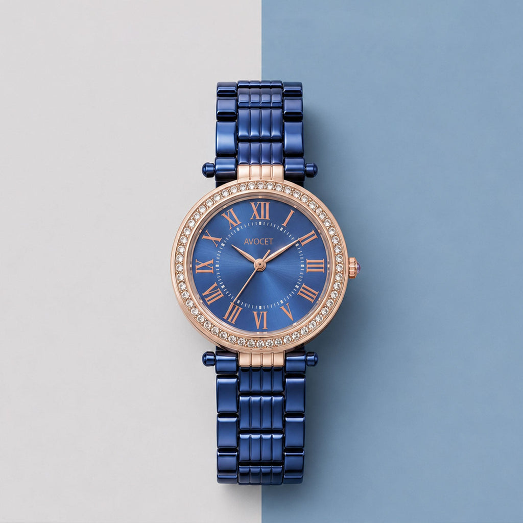 Women's Blue Analog Watch – Rose Gold Crystal Bezel Metal Strap