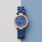Women's Blue Analog Watch – Rose Gold Crystal Bezel Metal Strap