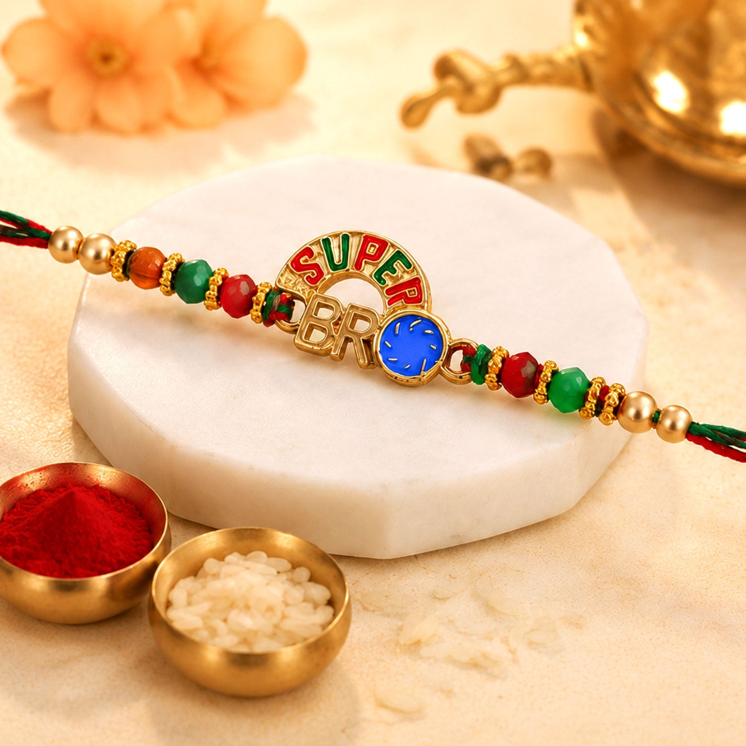 ALVENZA Super Bro Golden Rakhi with Colorful Beads, Blue Charm and Premium Festive Look