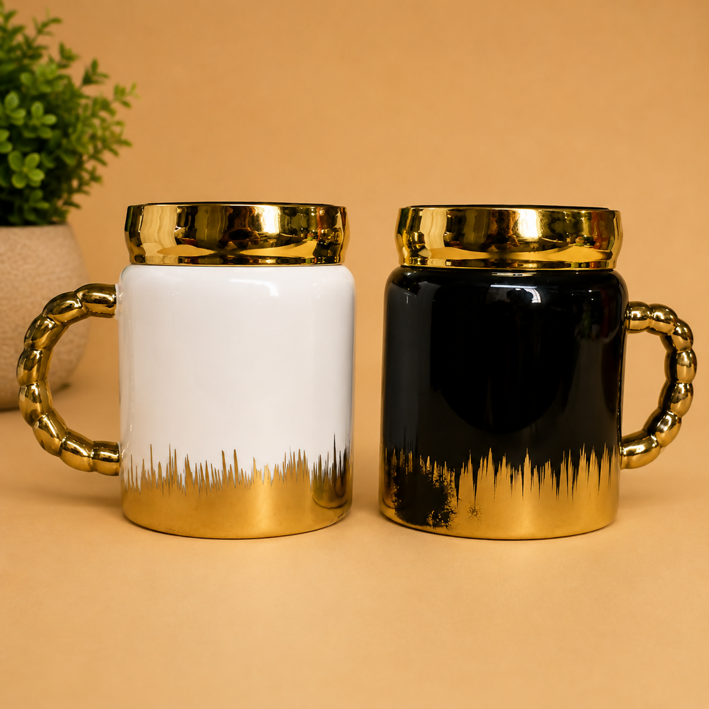 ALVENZA Luxury Ceramic Coffee Mug – Elegant Gold Handle & Lid for Hot Beverages