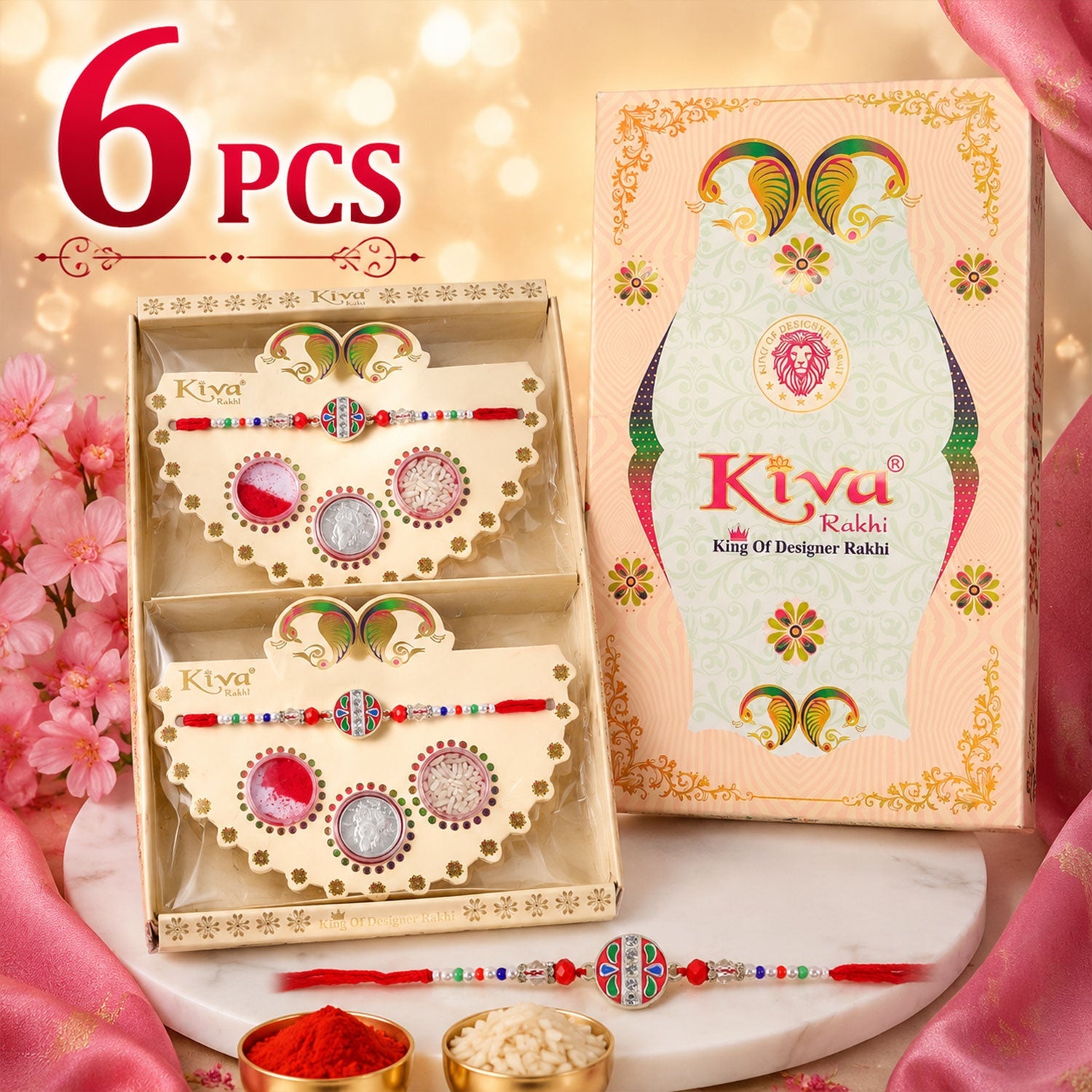 ALVENZA Round Red Green Enamel Rakhi with Multicolor Beads, Roli Chawal Coin and Card Packing