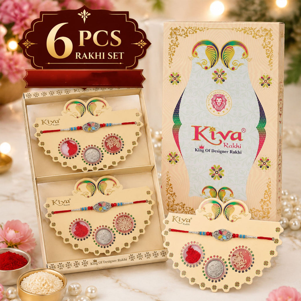 ALVENZA Silver Oval Floral Stone Rakhi with Color Petal Centre, Roli Chawal Coin and Card Packing