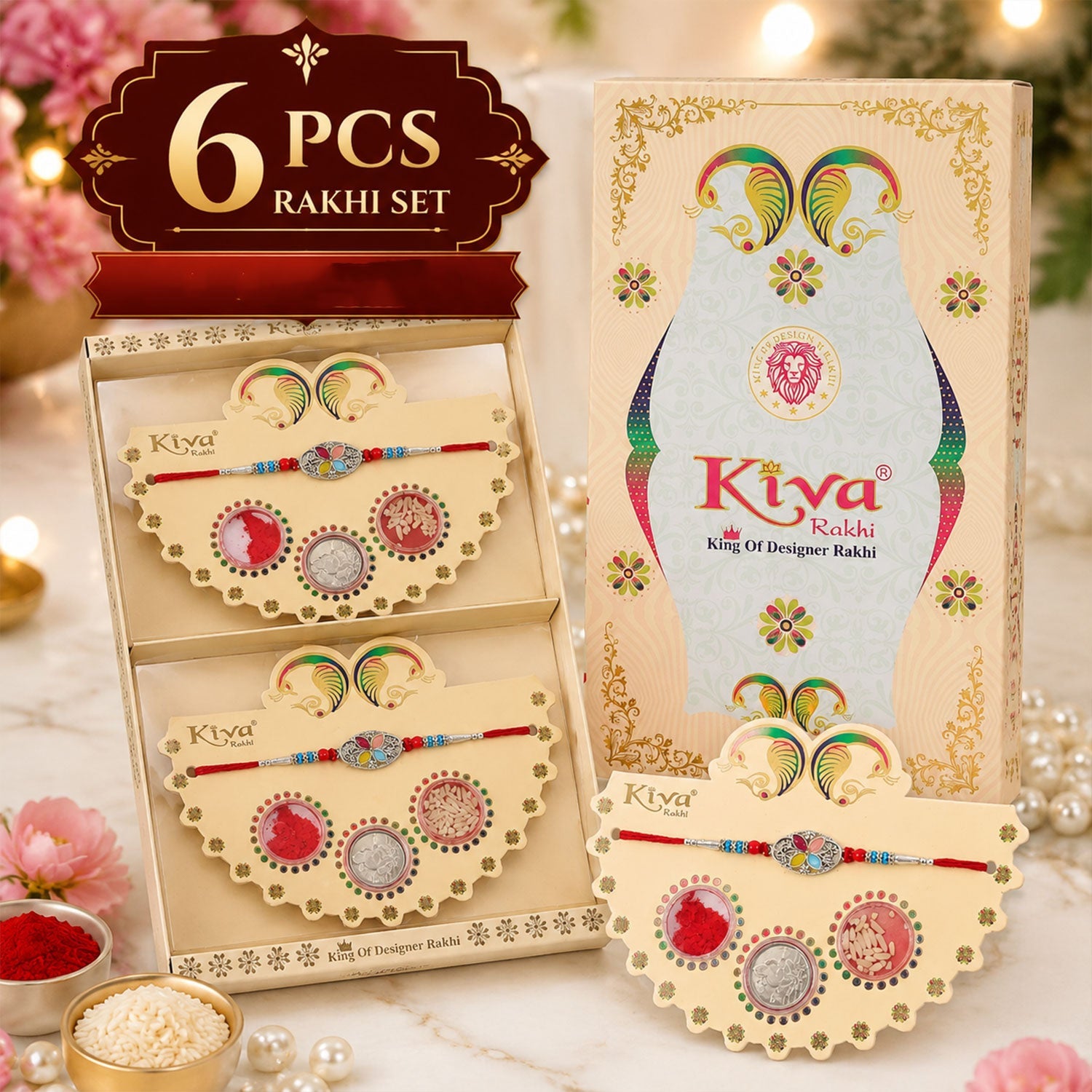 ALVENZA Silver Oval Floral Stone Rakhi with Color Petal Centre, Roli Chawal Coin and Card Packing