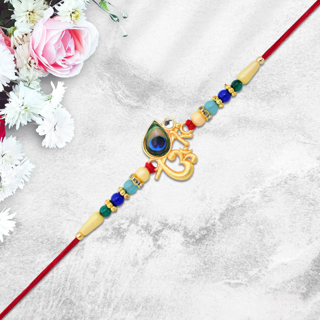 ALVENZA Peacock Rakhi – Divine Govind with Multicolor Beads for Raksha Bandhan