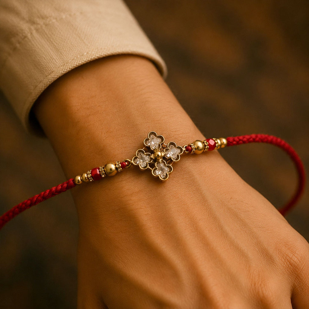 ALVENZA Pearl White Clover Designer Beaded Rakhi for Brother with Gold Accents