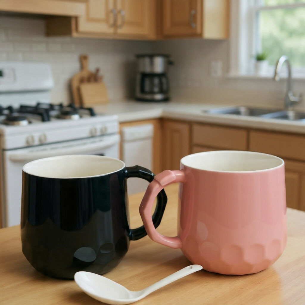 ALVENZA Ceramic Mug Set of 2 – Cute Couple Prints with Spoons for Daily Use