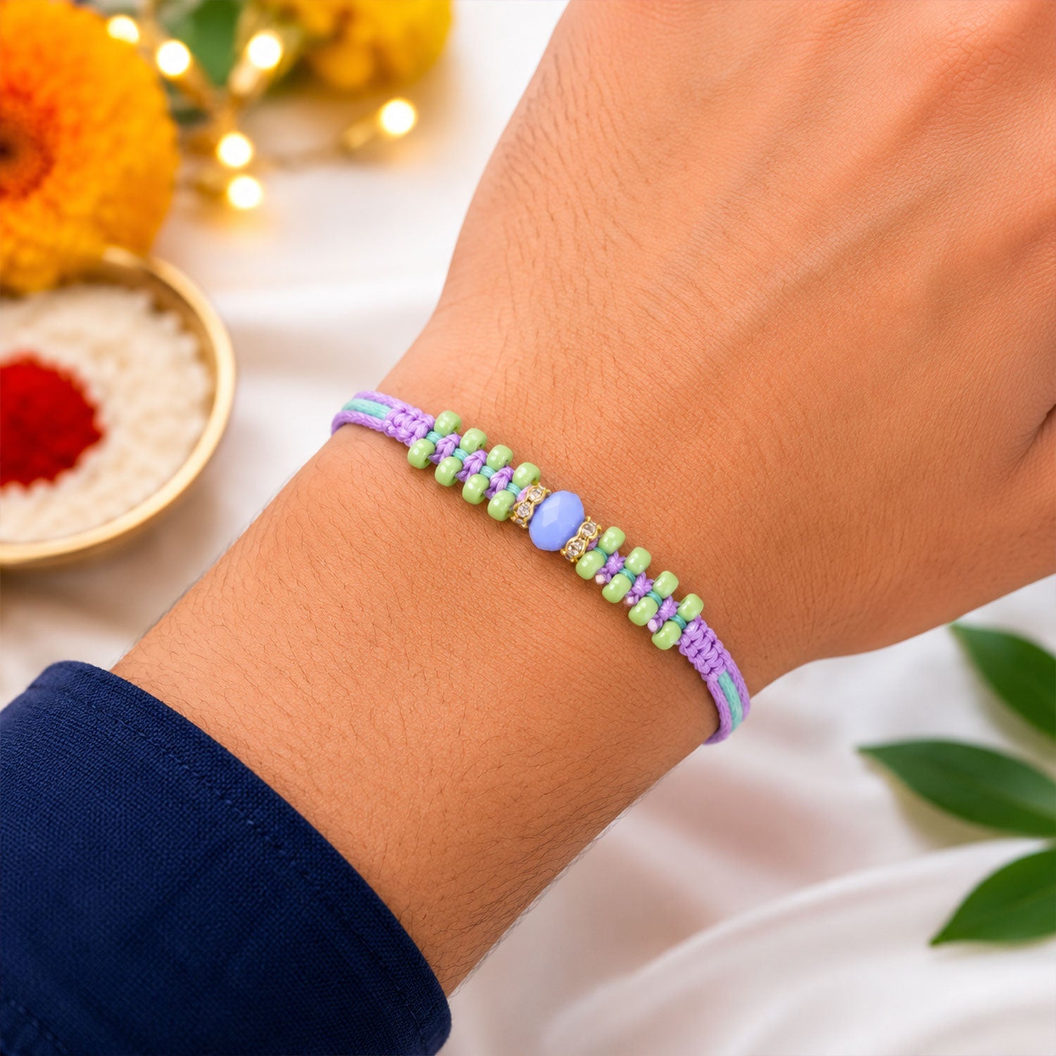 ALVENZA Purple Macrame Bracelet Rakhi with Green Beads, Blue Accent and Playful Thread