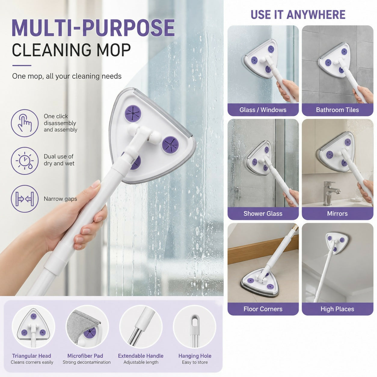 ALVENZA Triangular Microfiber Cleaning Mop for Glass, Walls & Floor Corners