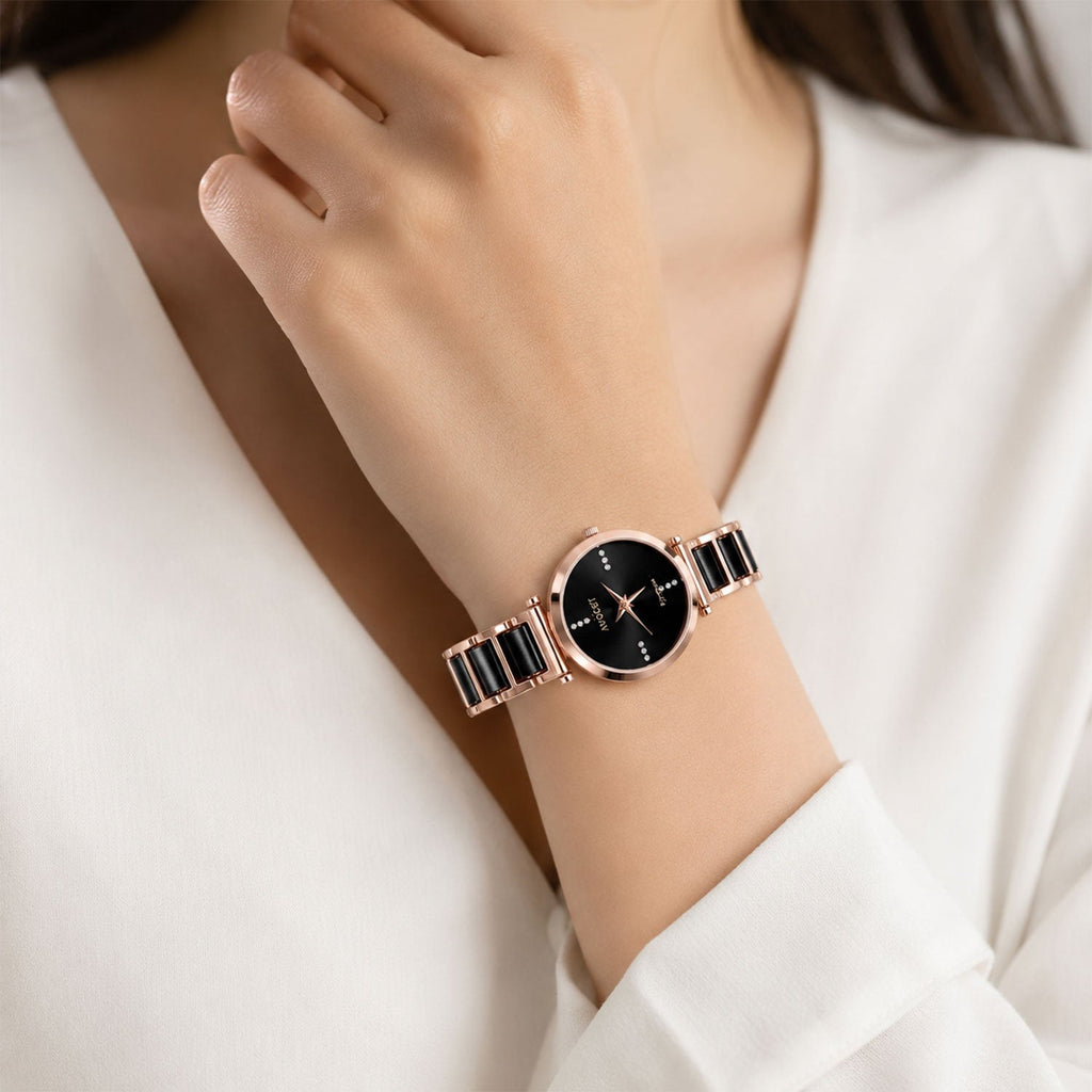 Rose Gold Round Dial Watch with Black Butterfly Shape Bracelet for Women