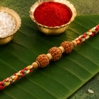 ALVENZA Rudraksha Style Devotional Rakhi with Braided Red Green Yellow Thread and Wooden Beads