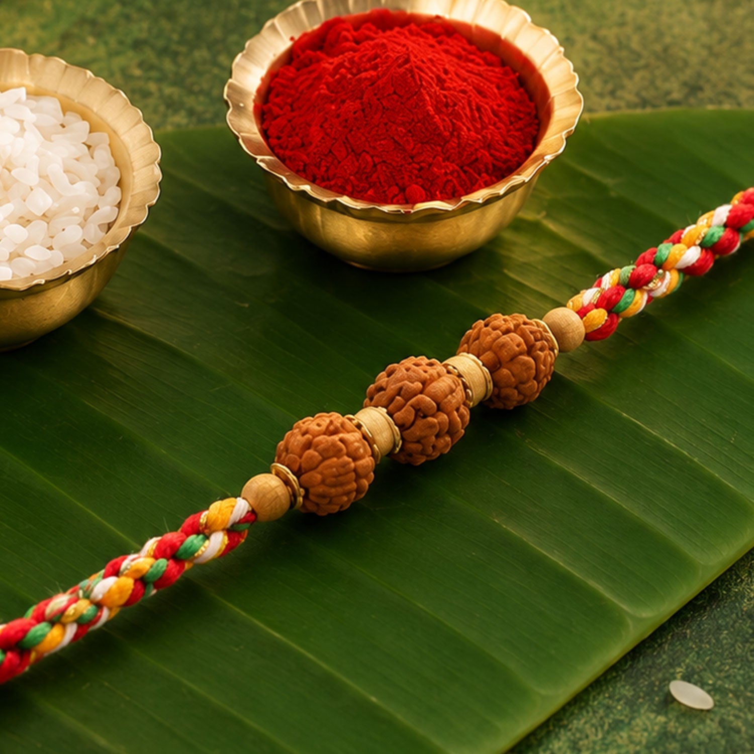 ALVENZA Rudraksha Style Devotional Rakhi with Braided Red Green Yellow Thread and Wooden Beads