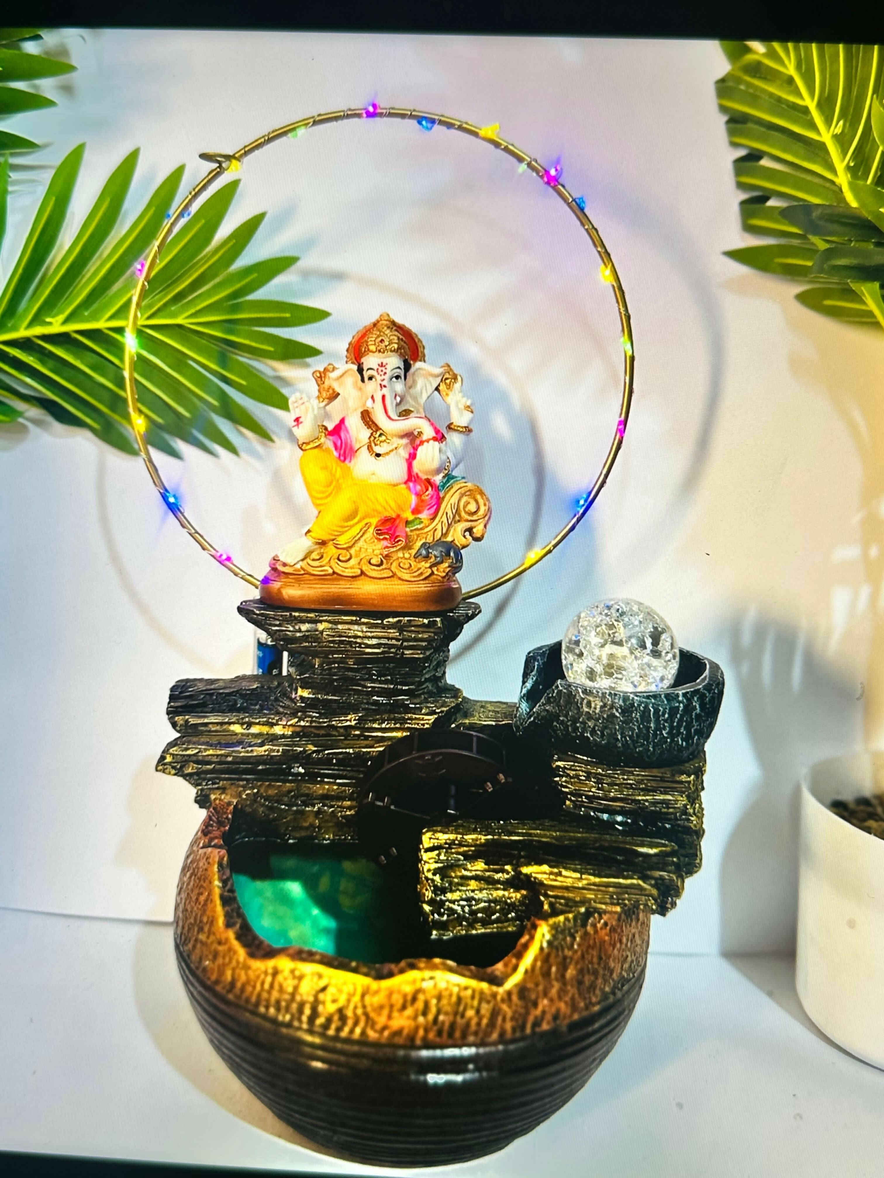 ALVENZA Ganesh Ji Water Fountain Showpiece – LED Lights & Crystal Ball