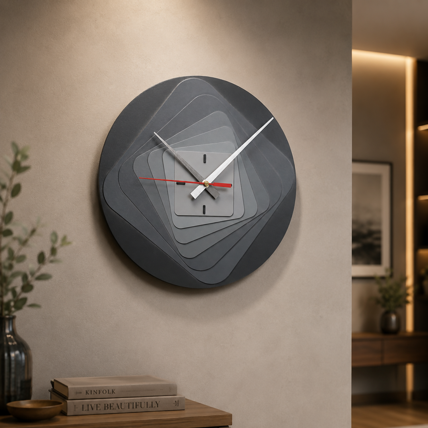 ALVENZA Modern 7-Layer Grey Wooden Wall Clock – Unique 3D Design and Silent Operation