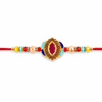 ALVENZA Pink Stone & Blue Meenakari Oval Designer Rakhi for Brother Gift Set