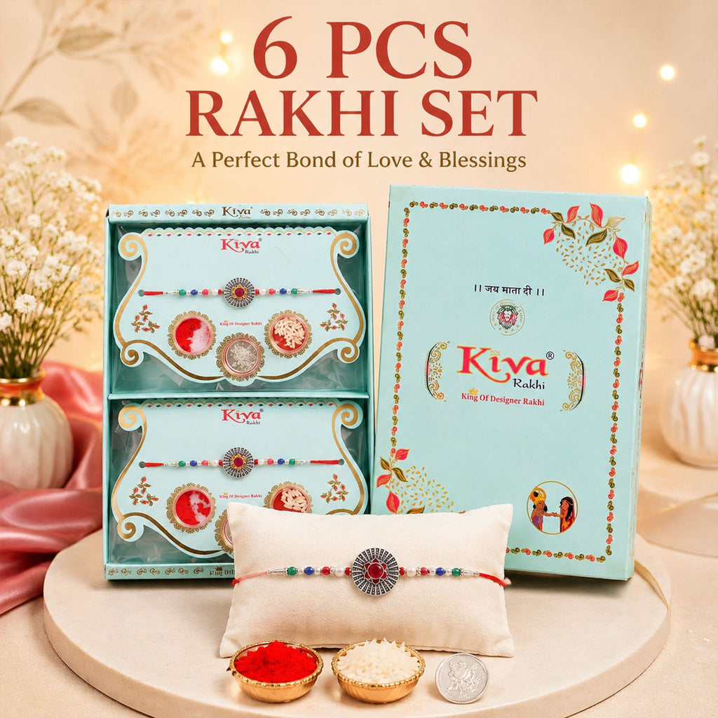 ALVENZA Sunburst Stone Rakhi with Magenta Centre, Pearl Beads, Roli Chawal Coin and Card Packing
