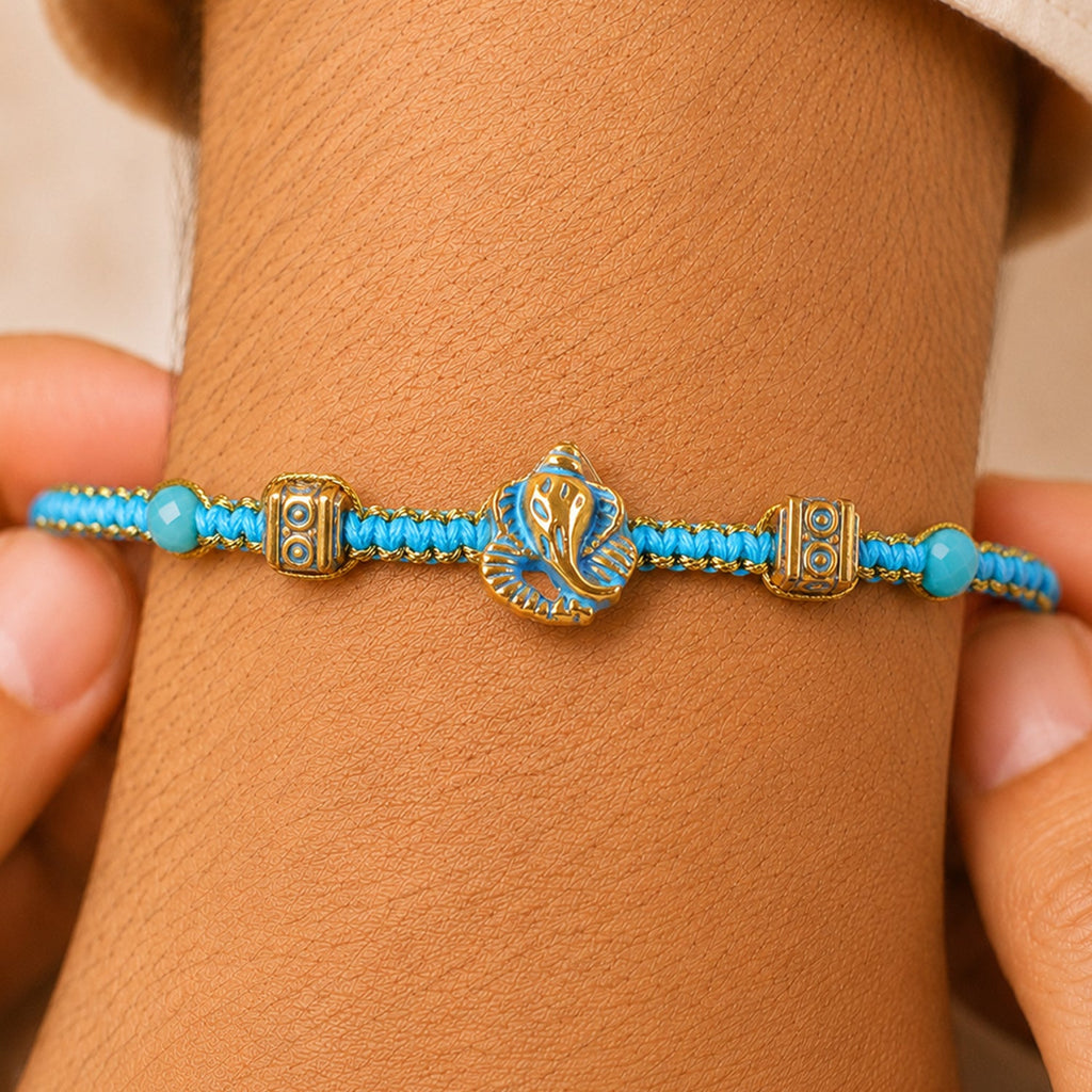 ALVENZA Turquoise Center Designer Rakhi with Gold Tone Detail and Elegant Bracelet Beauty