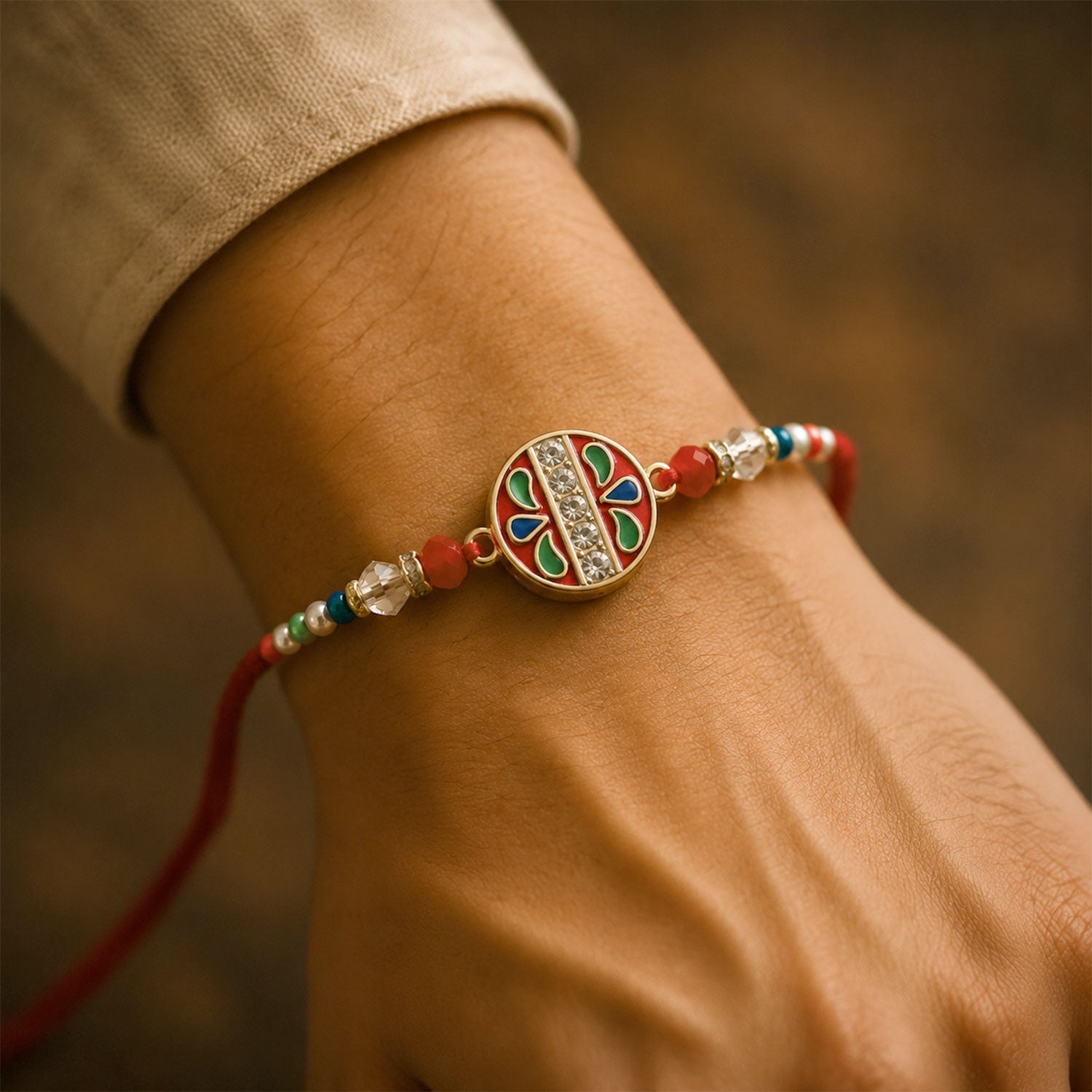 ALVENZA Round Red Green Enamel Rakhi with Multicolor Beads, Roli Chawal Coin and Card Packing