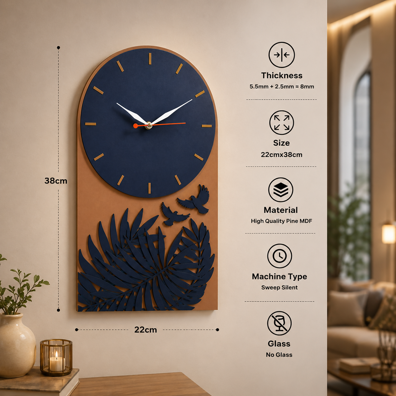 ALVENZA Tropical Leaf Bird Designer Layered MDF Wall Clock Modern Luxury Home