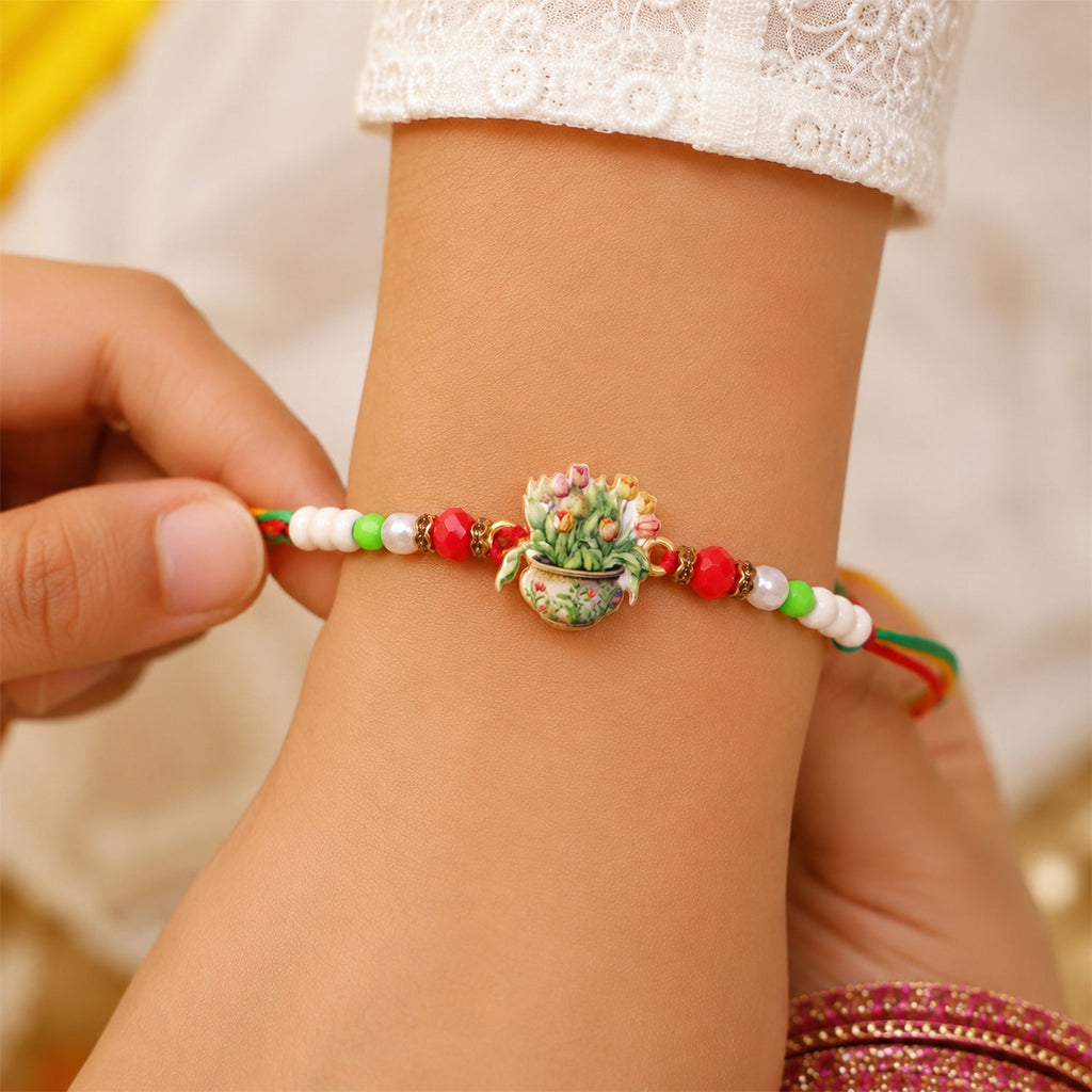 ALVENZA Auspicious Floral Kalash Devotional Rakhi for Brother with Beads Gift