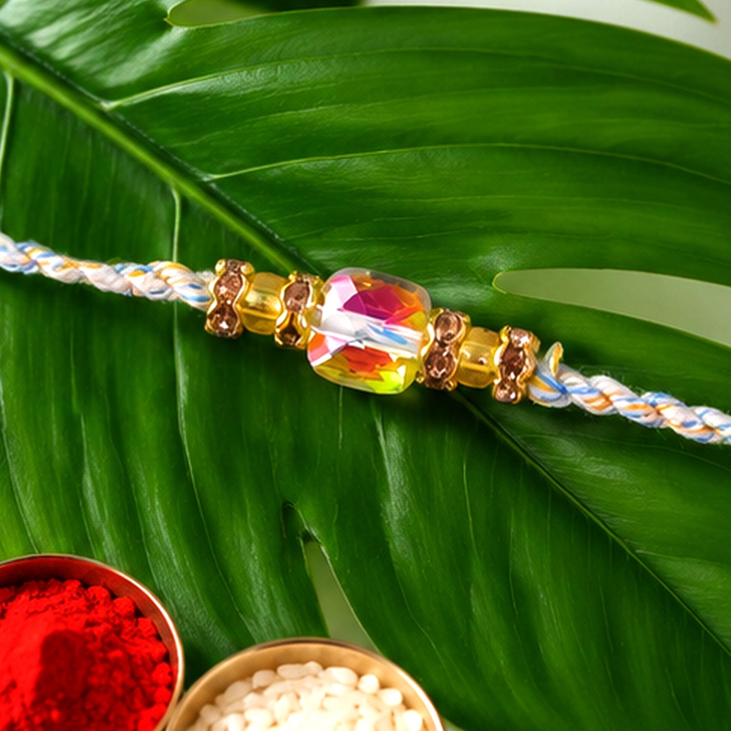 ALVENZA Aurora Crystal Macrame Bracelet Rakhi with Rainbow Stone Shine and Soft Thread