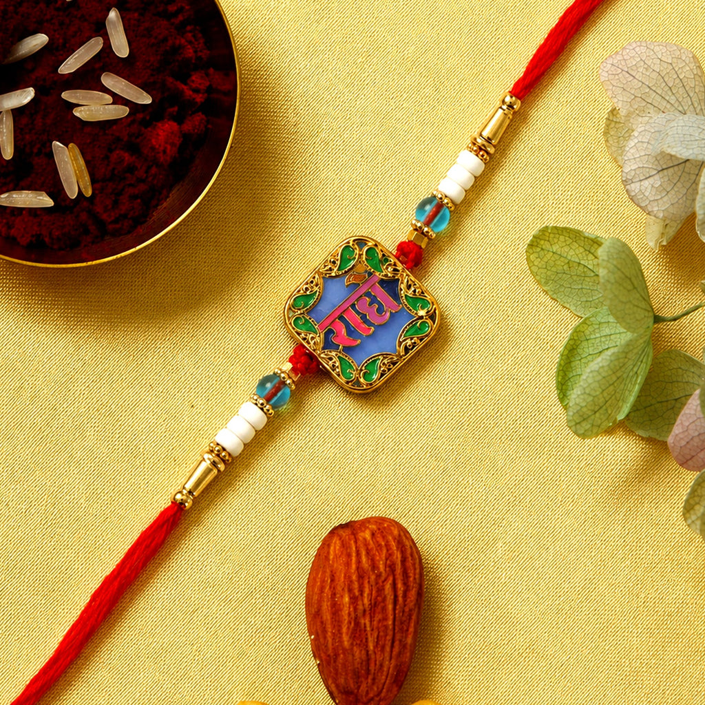 ALVENZA Rakhi for Raksha Bandhan – Colorful Beads & Radhe Engraving for Sibling Festival