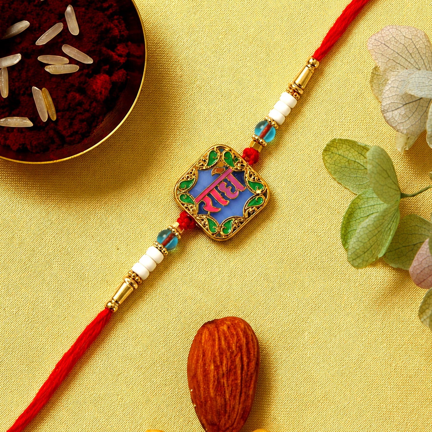ALVENZA Rakhi for Raksha Bandhan – Colorful Beads & Radhe Engraving for Sibling Festival