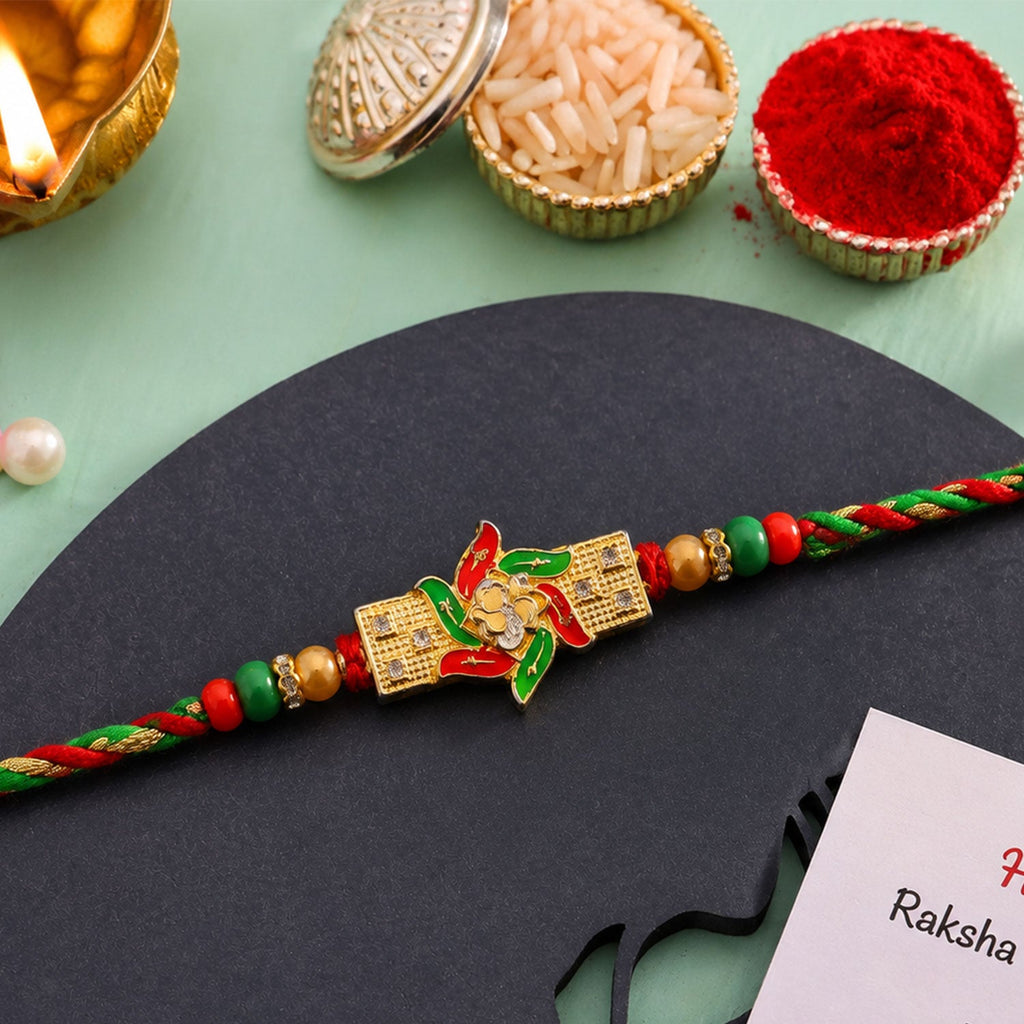 ALVENZA Festive Red & Green Meenakari Pinwheel AD Stone Rakhi for Brother Gift