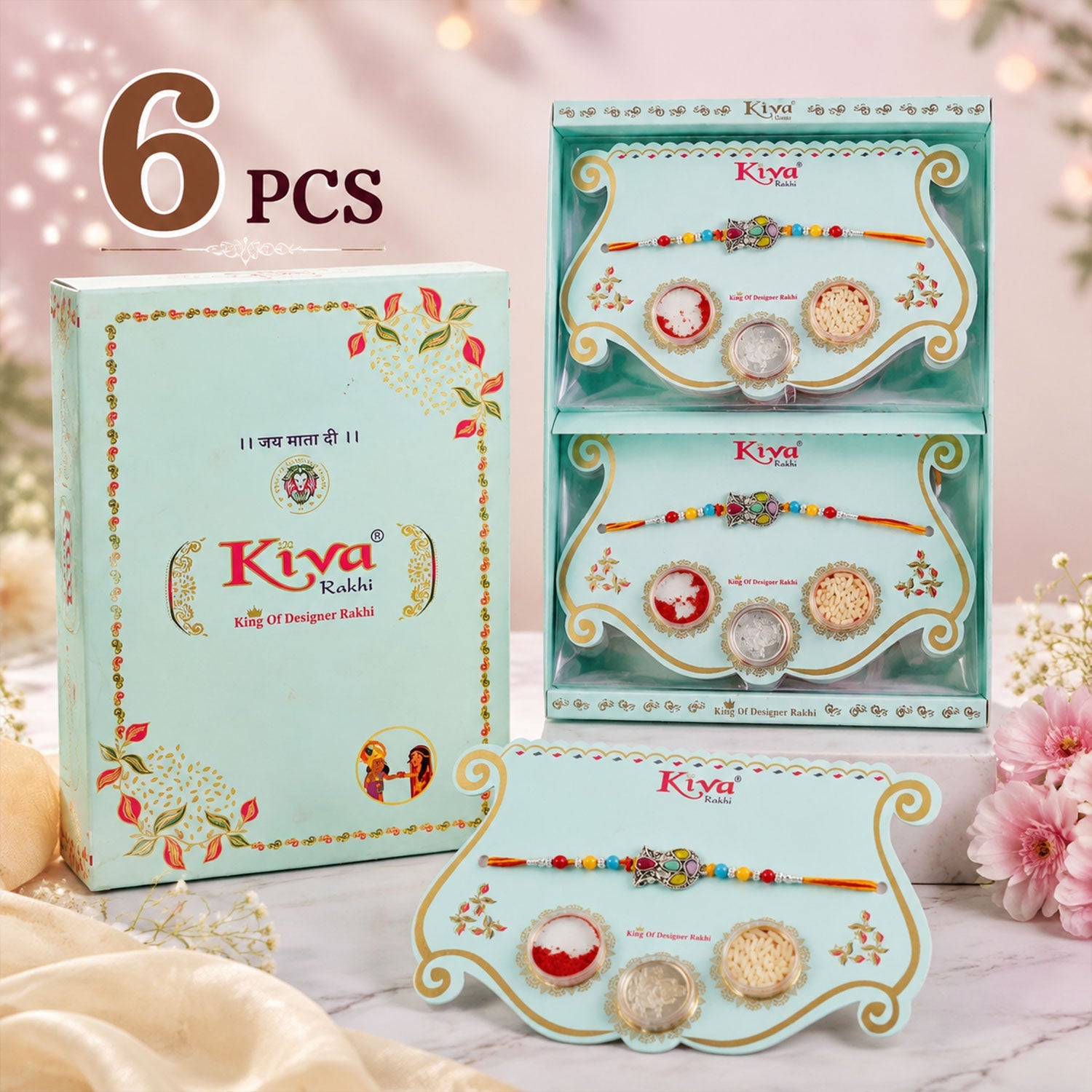 ALVENZA Multicolor Teardrop Leaf Rakhi with Orange Thread, Roli Chawal Coin and Gift Box Packing