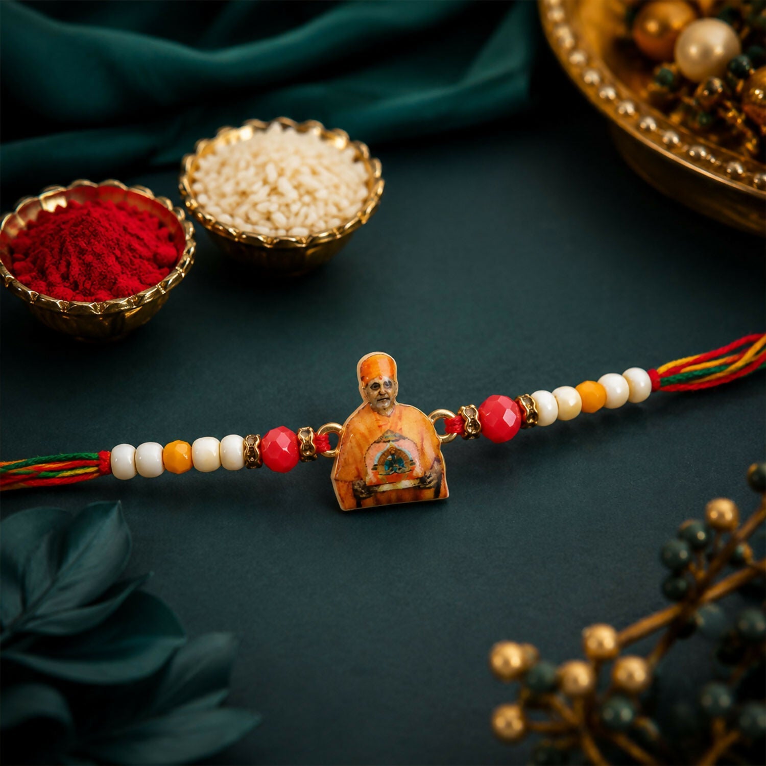ALVENZA Spiritual Pramukh Swami Maharaj Devotional Rakhi for Brother, Beaded Thread Gift