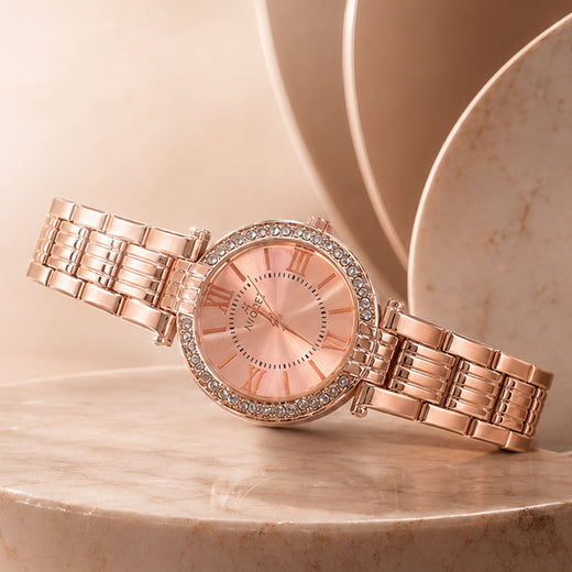 Women's Rose Gold Analog Wrist Watch with Crystal Bezel