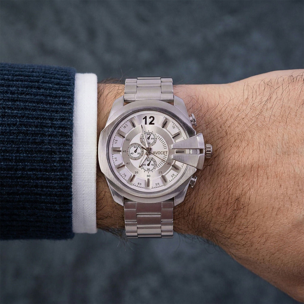 Men's Silver Analog Watch – Elegant Chronograph Design for Daily Wear