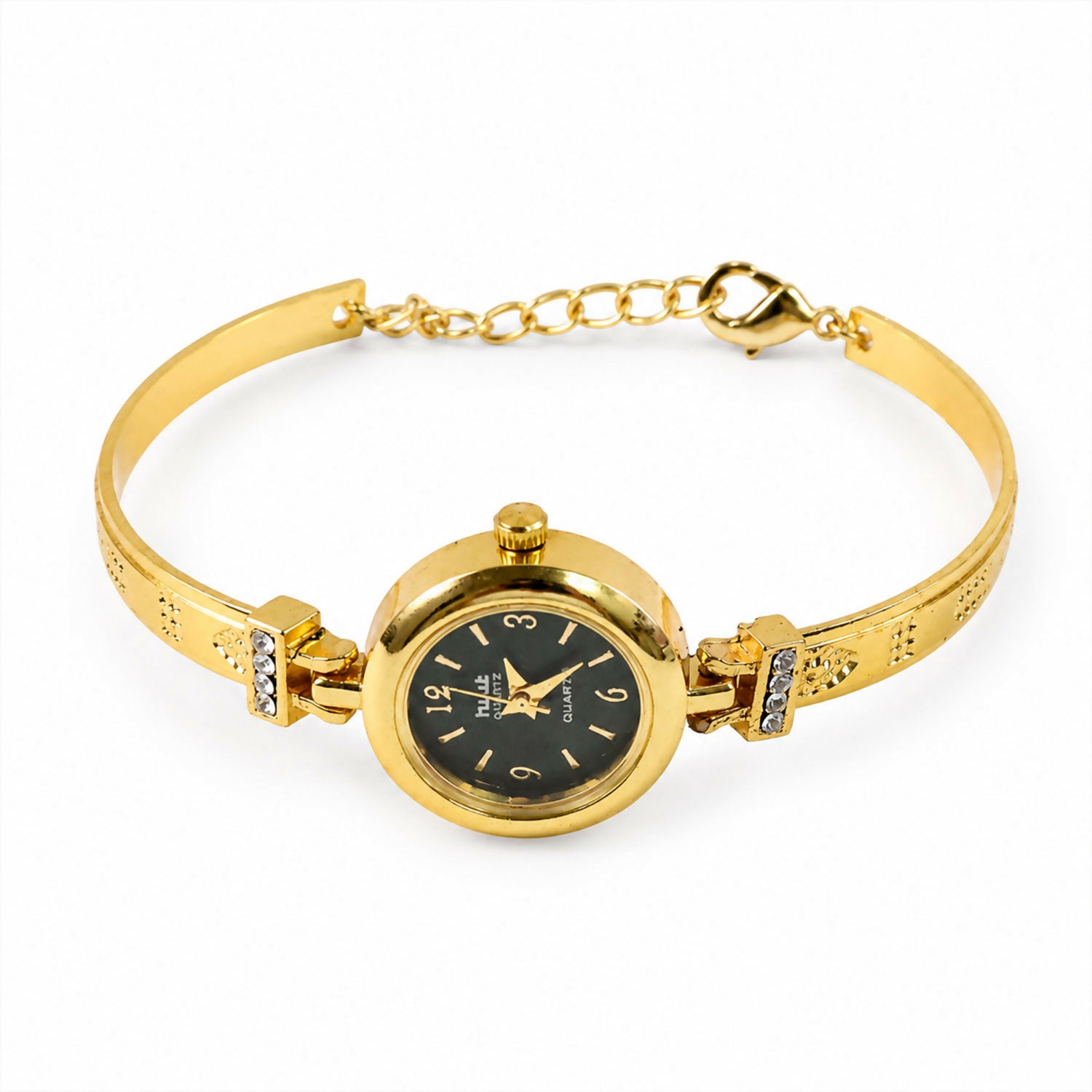 Gold Plated Bracelet Watch With Green Dial Crystal Accent Design For Women