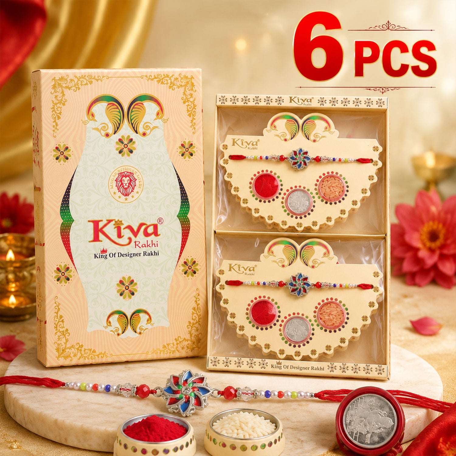 ALVENZA Multicolor Floral Chakra Rakhi with Pearl Beads, Roli Chawal Coin and Peacock Card Packing