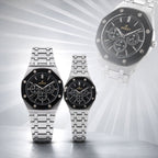 Silver Couple Watch Set with Black Dial Chronograph Style Metal Strap Design