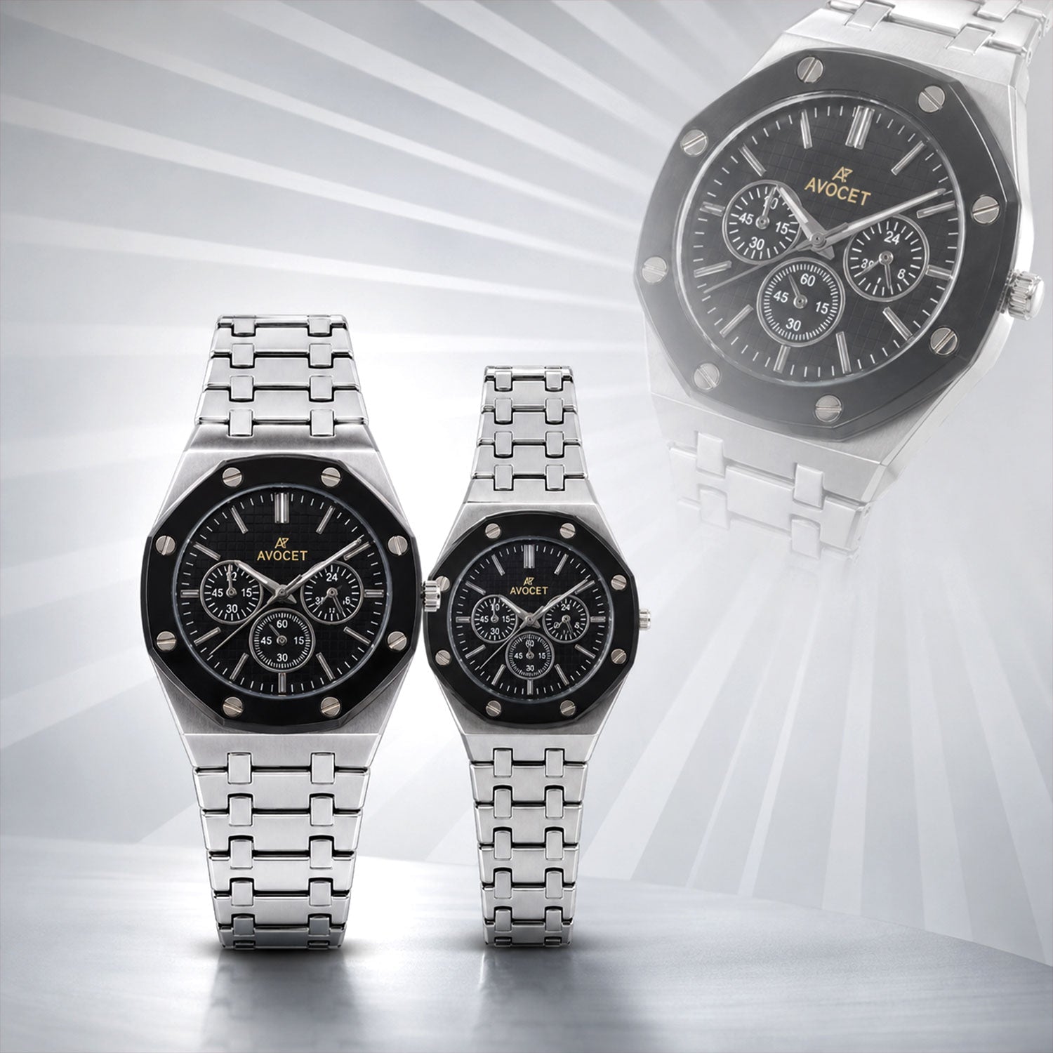 Silver Couple Watch Set with Black Dial Chronograph Style Metal Strap Design