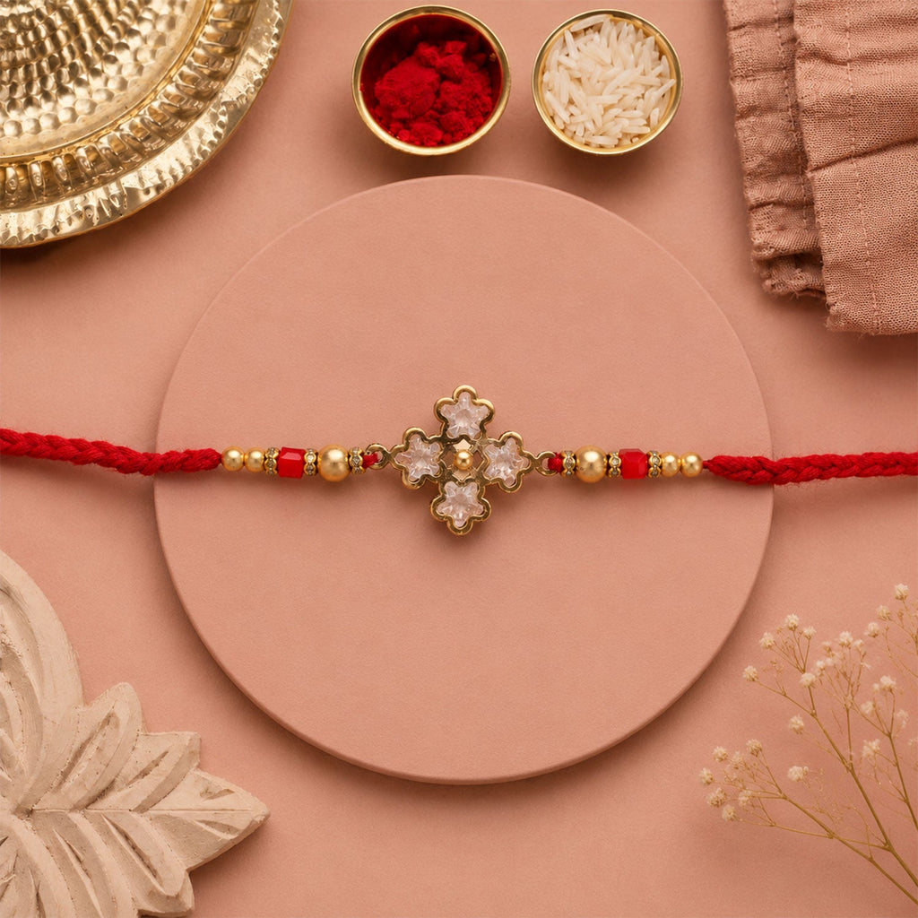 ALVENZA Pearl White Clover Designer Beaded Rakhi for Brother with Gold Accents