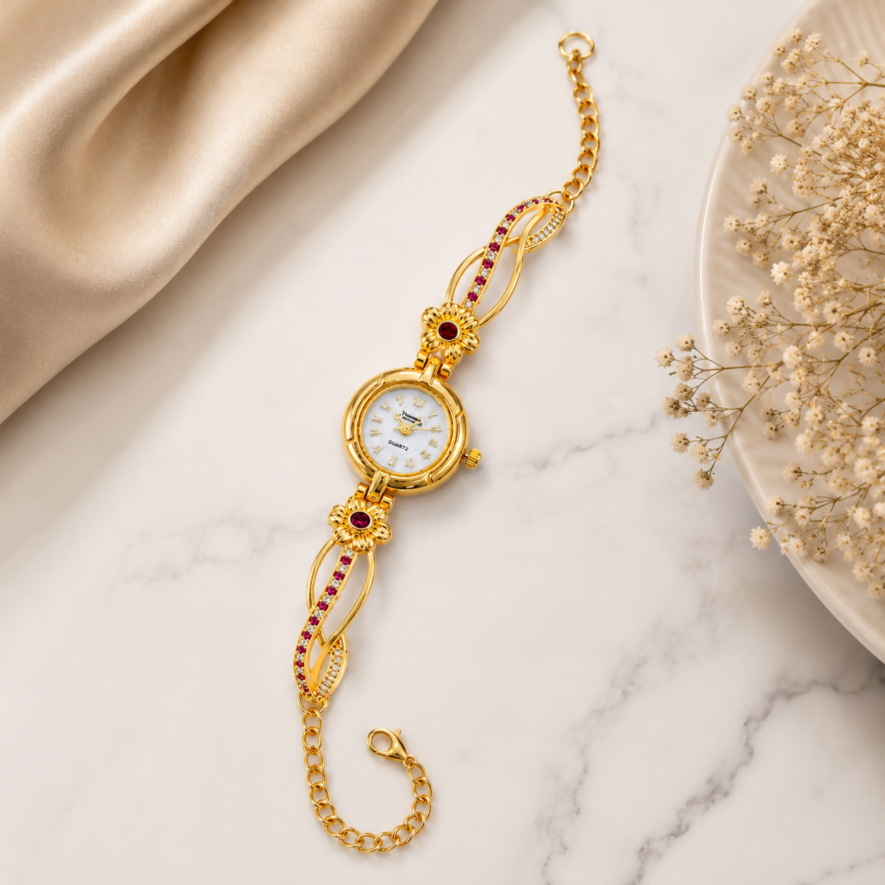 Royal Heritage Gold & Ruby Accent Bracelet Watch | Traditional & Partywear Jewelry Watch