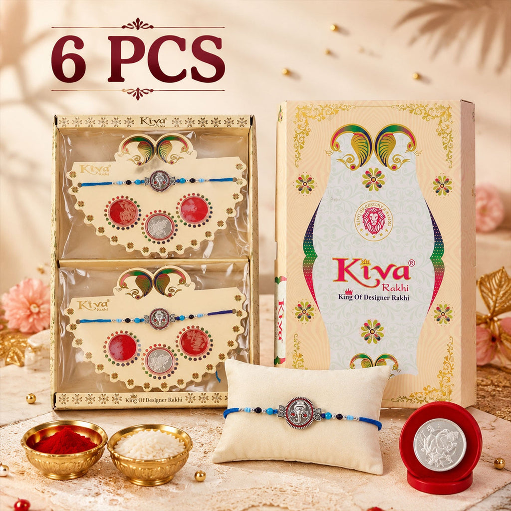 ALVENZA Round Ganesha Medallion Rakhi with Blue Thread, Roli Chawal Coin and Peacock Card Packing