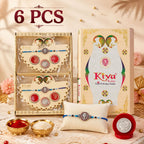 ALVENZA Round Ganesha Medallion Rakhi with Blue Thread, Roli Chawal Coin and Peacock Card Packing