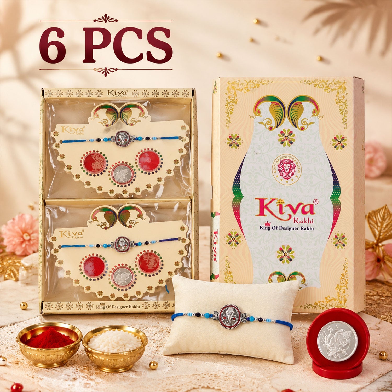 ALVENZA Round Ganesha Medallion Rakhi with Blue Thread, Roli Chawal Coin and Peacock Card Packing