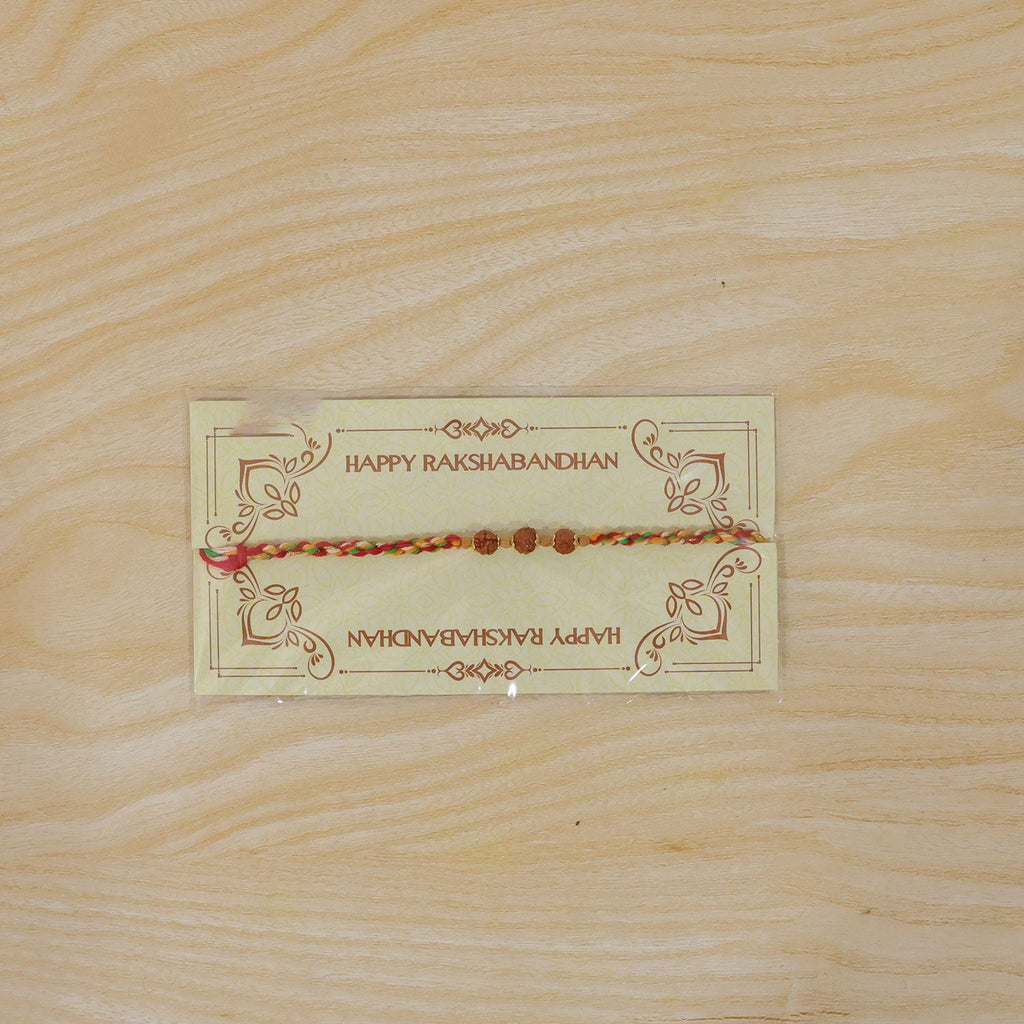 ALVENZA Rudraksha Style Devotional Rakhi with Braided Red Green Yellow Thread and Wooden Beads