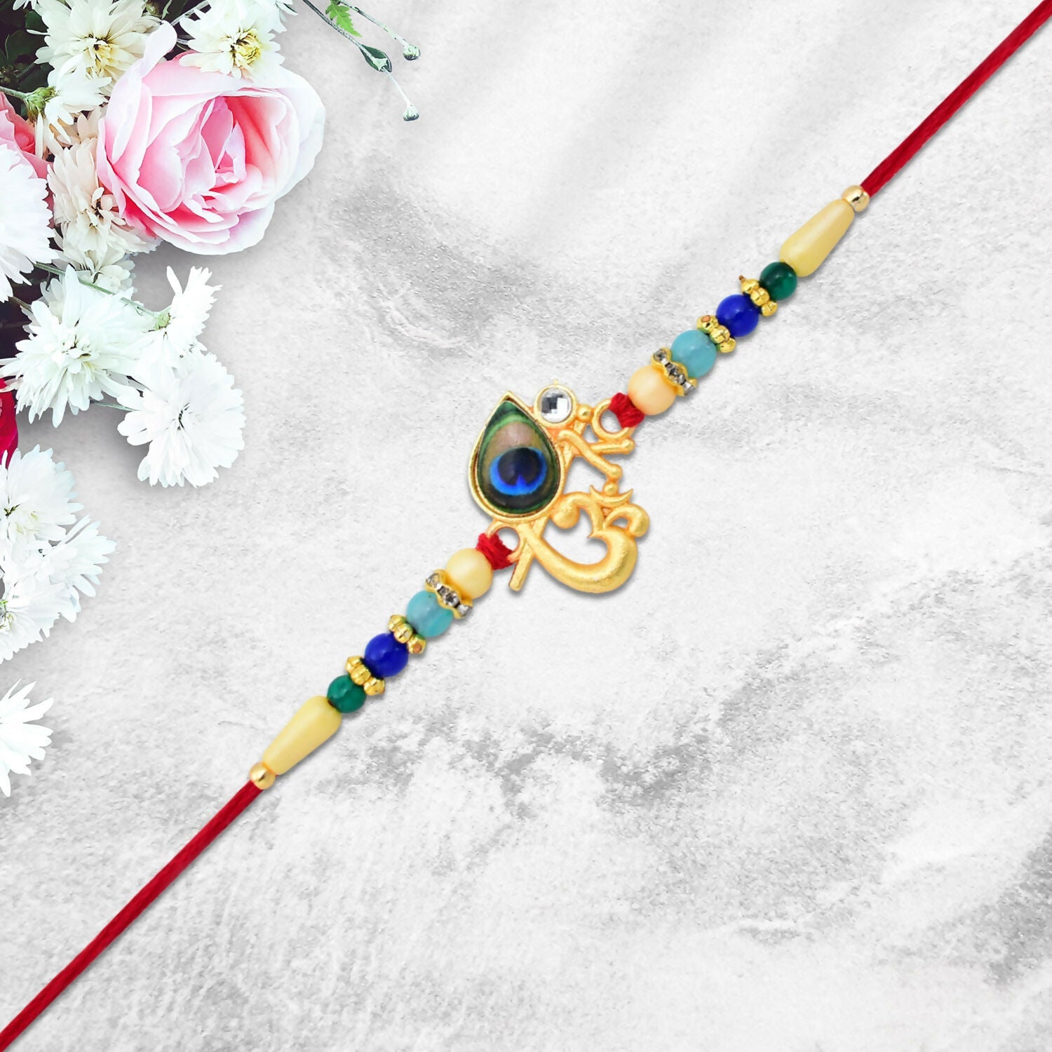 ALVENZA Peacock Feather Rakhi – Divine Multicolor Beads for Brother
