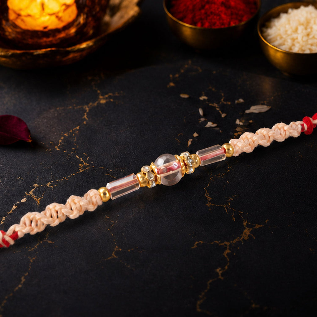 ALVENZA Sparkling Pearl Stone Rakhi with Colorful Thread and Premium Festive Beauty