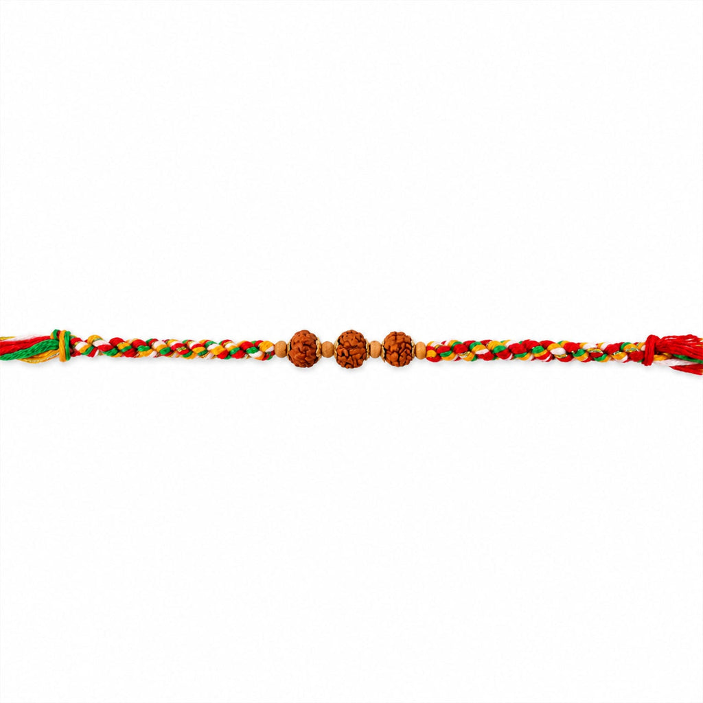 ALVENZA Rudraksha Style Devotional Rakhi with Braided Red Green Yellow Thread and Wooden Beads