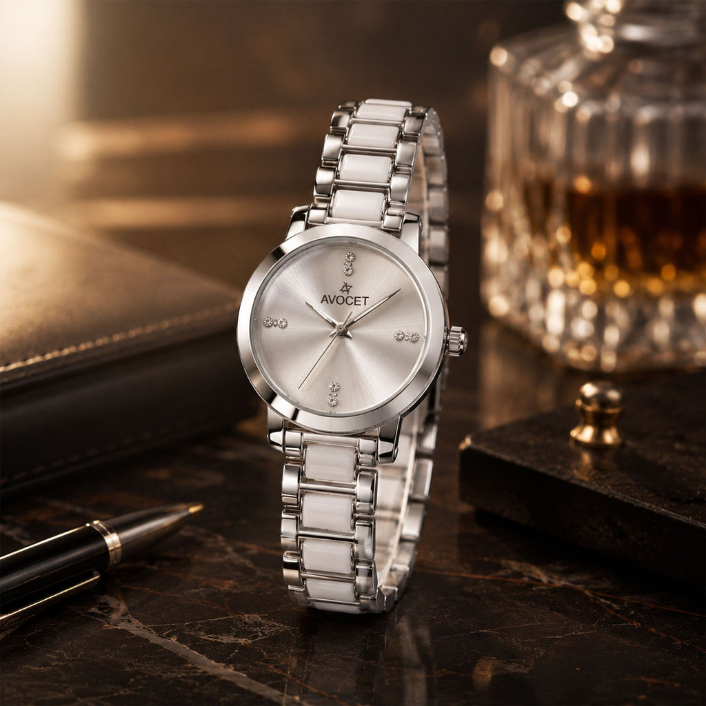 Silver Round Shape Dial Watch with White Metal Strap Design for Women