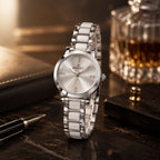 Silver Round Shape Dial Watch with White Metal Strap Design for Women