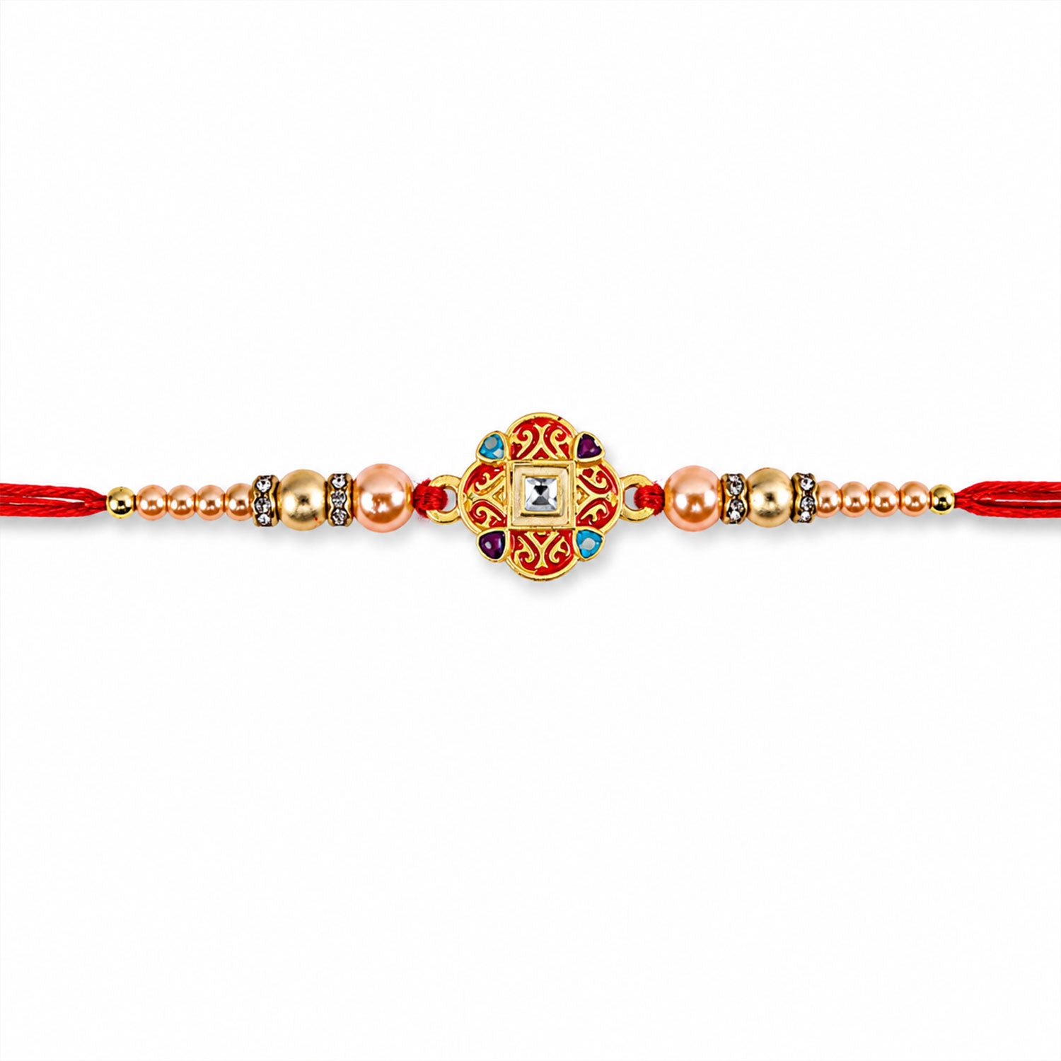 ALVENZA Round Red Meenakari AD Stone Designer Rakhi for Brother with Pearls