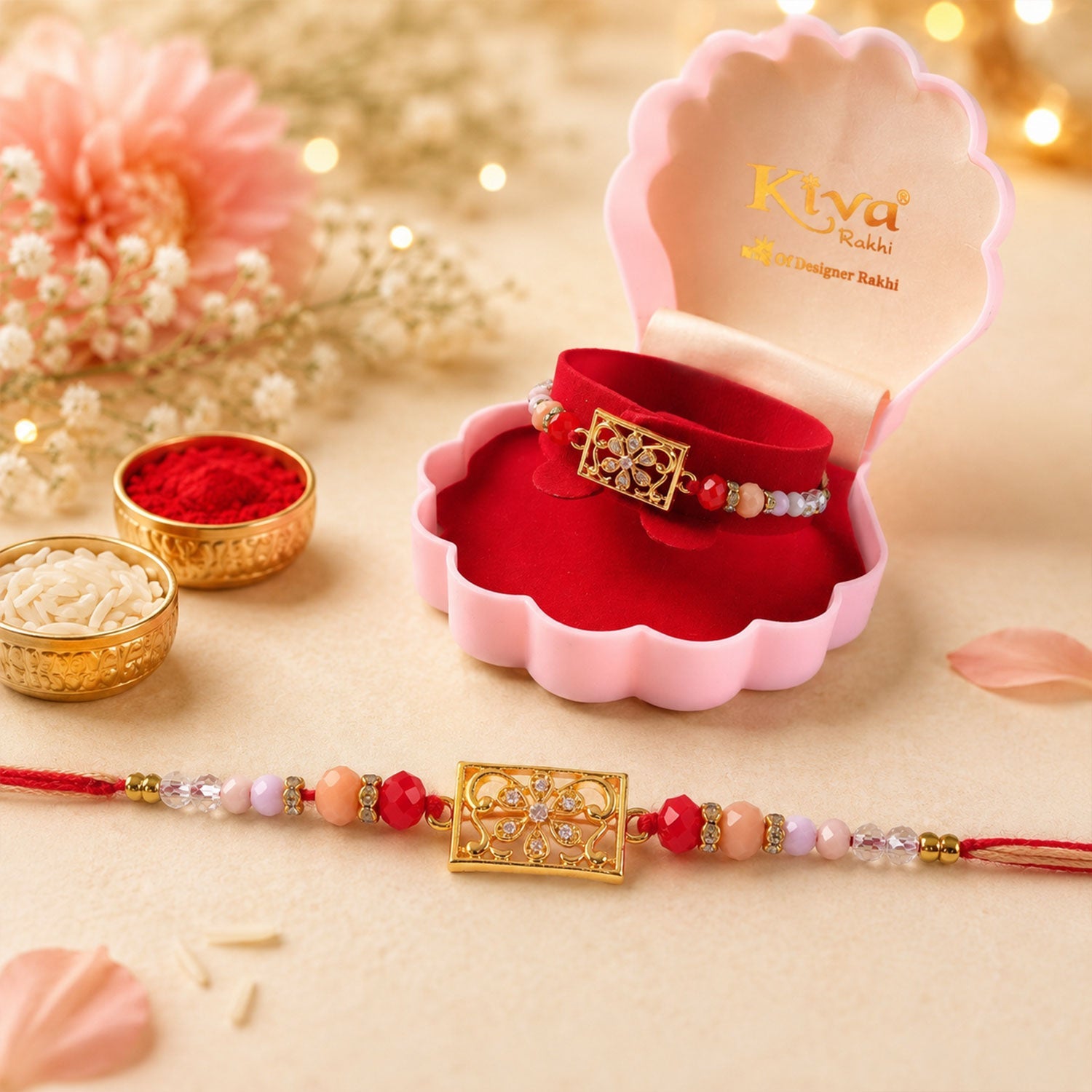 ALVENZA Rectangular AD Filigree Designer Rakhi for Brother with Pink Beads Gift