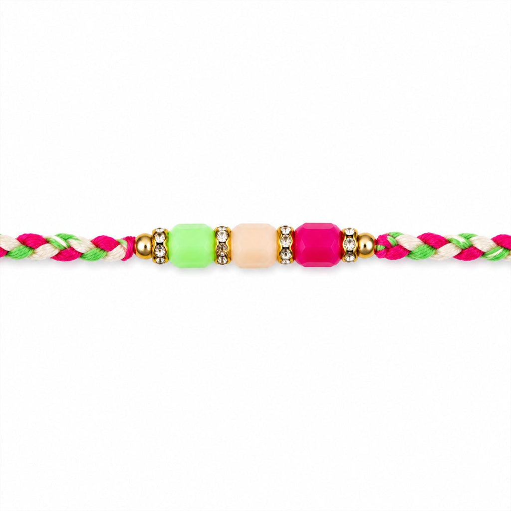 ALVENZA Bright Macrame Bracelet Rakhi with Green Peach Pink Beads and Colorful Thread